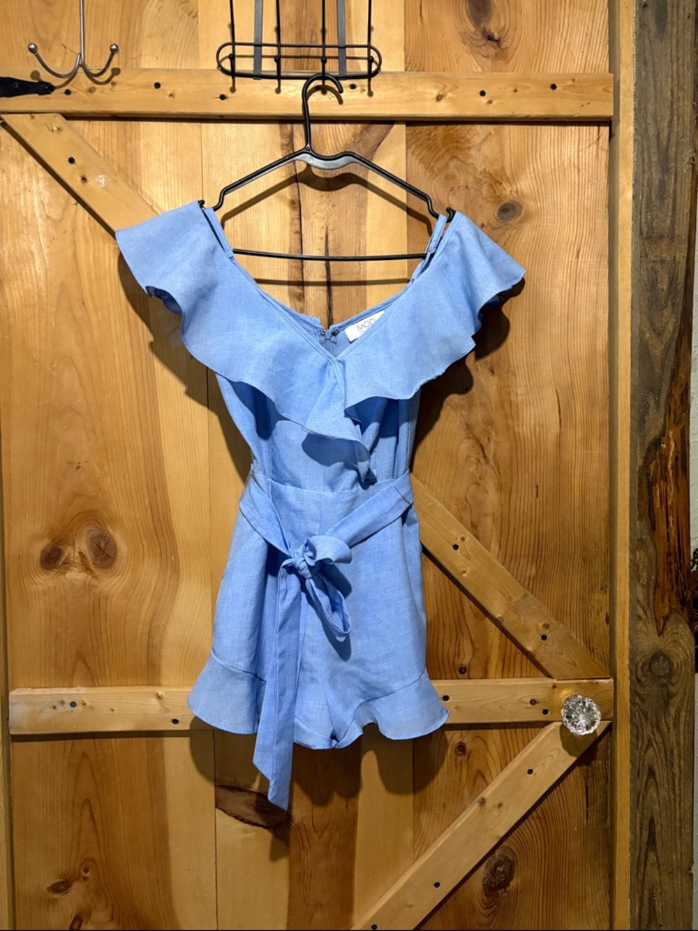 Light Blue Ruffle Romper with Waist Tie